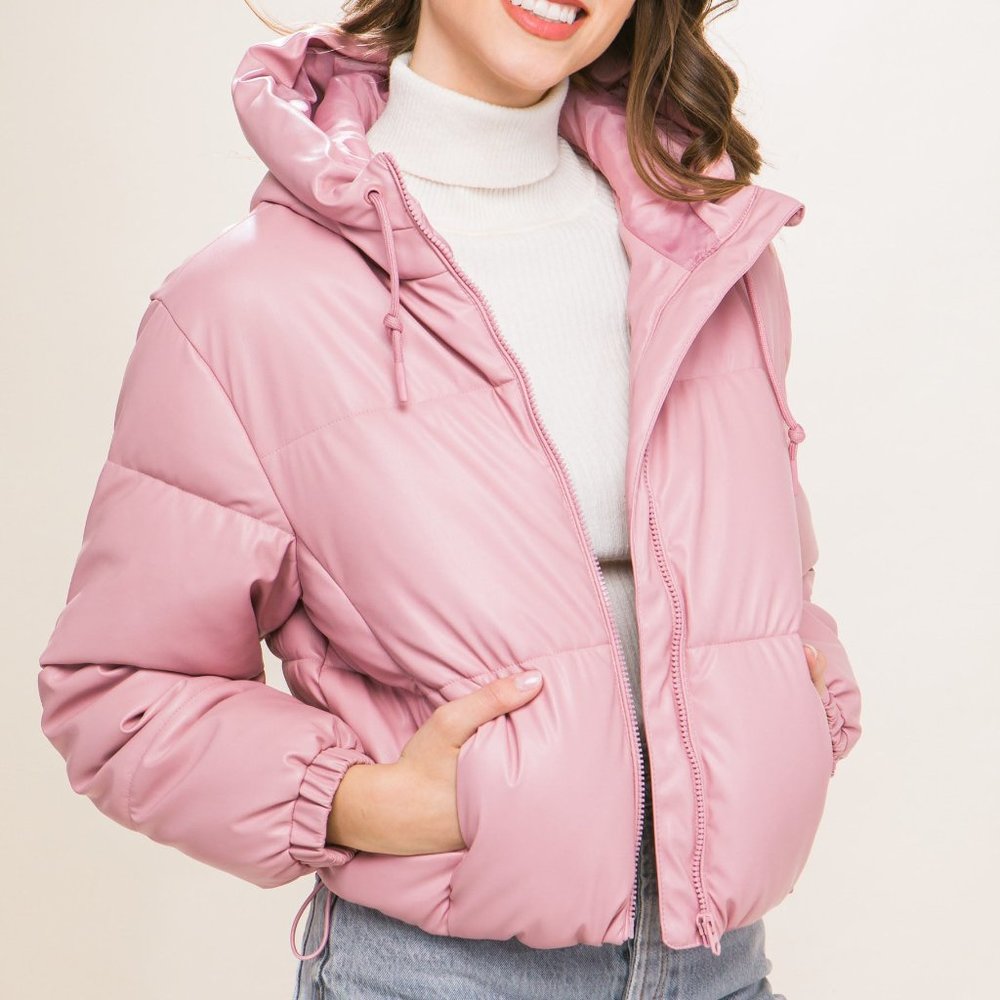 Pu Faux Leather Zipper Hooded Puffer Jacket-Pink